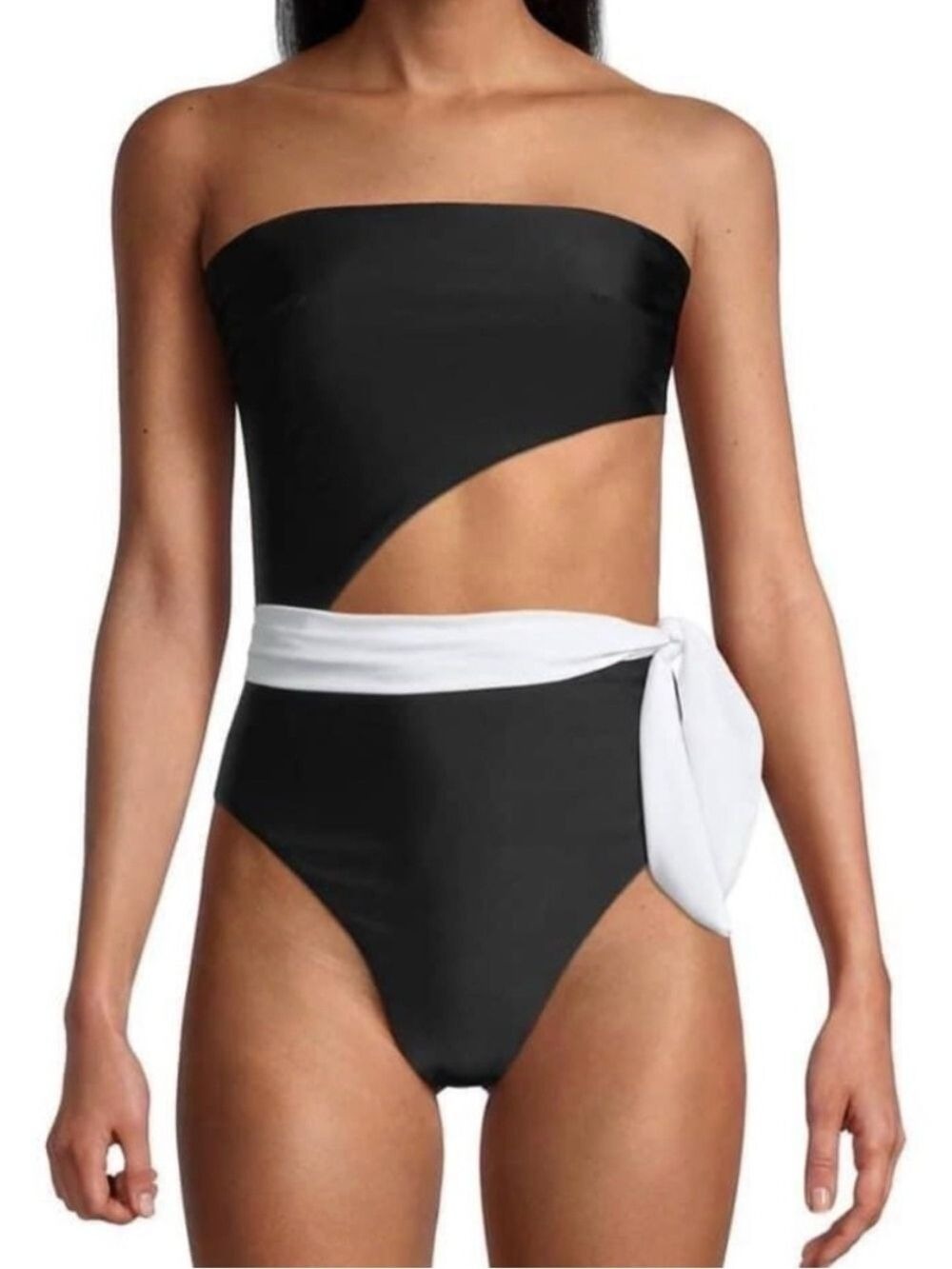 Ramy Brook Gigi Black One-Piece Swimsuit with White Waist Tie Size L